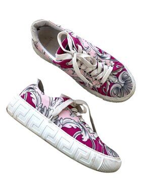 Versace Womens Sz 39.5 (US 9.5) Baroque Print Pink & White Lace-Up Sneakers